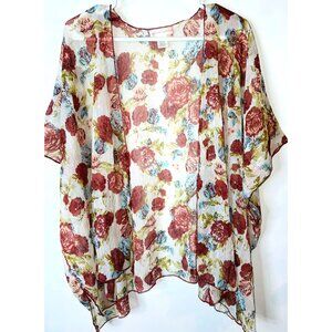 Floral Sheer Kimono Cardigan Band Of Gypsies  Red & Teal Boho Style Womens M/L